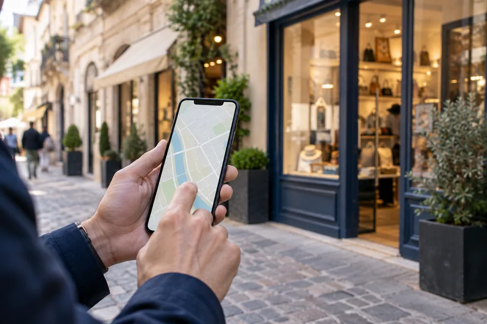 Consultazione di una mappa sullo smartphone davanti alle vetrine di attività locali